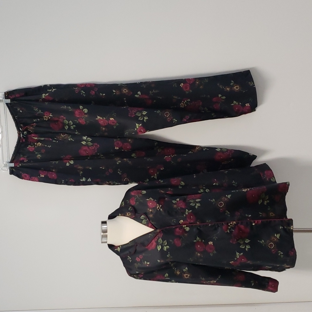 Black satin and floral two piece pajama lounge set
